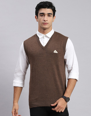 MONTE CARLO Solid V Neck Casual Men Brown Sweater
