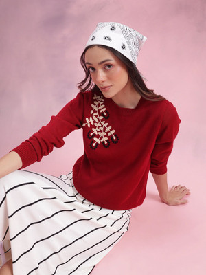 Dressberry Embroidered Round Neck Casual Women Maroon Sweater