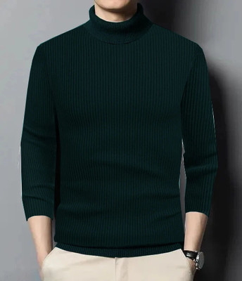 HOSUEOFCOMMON Self Design High Neck Casual Men Dark Green Sweater