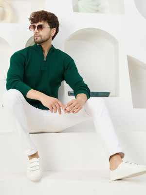 KVETOO Self Design High Neck Casual Men Green Sweater