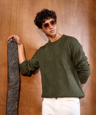 CAMPUS SUTRA Solid Round Neck Casual Men Green Sweater