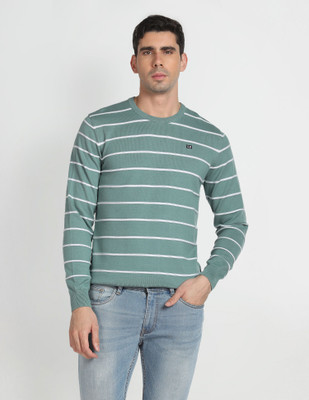 Arrow Sport Striped Crew Neck Casual Men Green Sweater