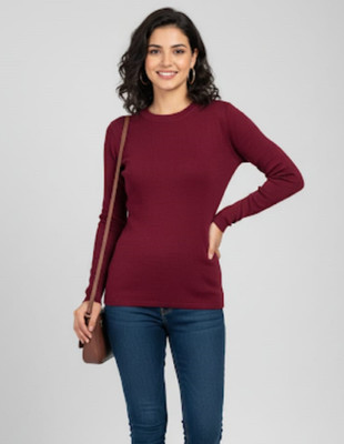 vax vax Solid Round Neck Casual Women Maroon Sweater