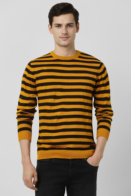 PETER ENGLAND Striped Round Neck Casual Men Yellow Sweater