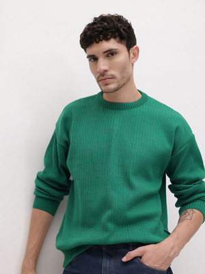 Roadster Striped Round Neck Casual Men Green Sweater