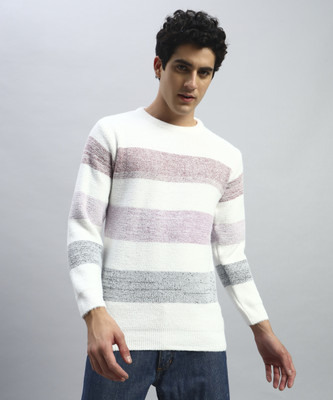 SILVANUS Striped Round Neck Casual Men Maroon, White Sweater