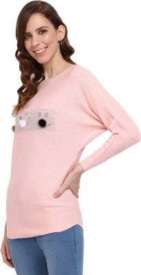 V-MART Solid Round Neck Casual Women Pink Sweater