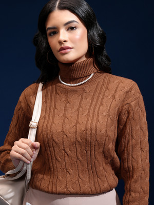 Tokyo Talkies Self Design Round Neck Casual Women Brown Sweater
