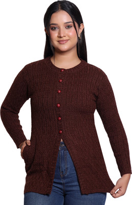 Varenyam Self Design Ruffle Neck Casual Women Brown Sweater