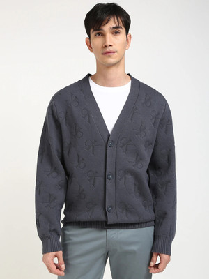 Calvin Klein Jeans Self Design V Neck Casual Men Grey Sweater