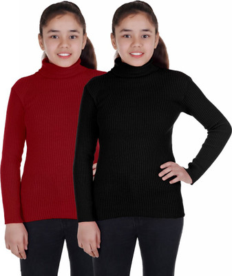 100LUCK Self Design Turtle Neck Casual Boys & Girls Black, Maroon Sweater