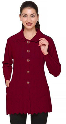 maheem Self Design Collared Neck Casual Women Maroon Sweater