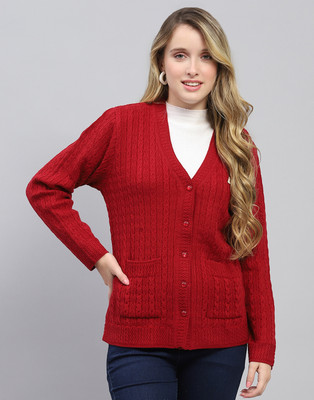 MONTE CARLO Self Design V Neck Casual Women Red Sweater