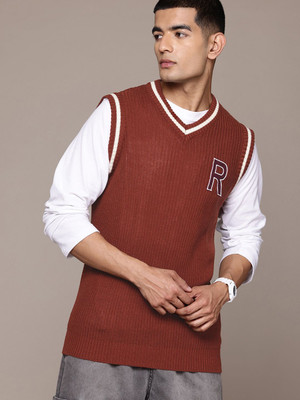 Roadster Printed V Neck Casual Men Brown Sweater