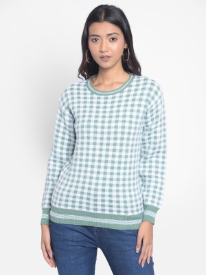 CRIMSOUNE CLUB Checkered Round Neck Casual Women Green Sweater