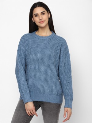 American Eagle Outfitters Solid Round Neck Casual Women Blue Sweater