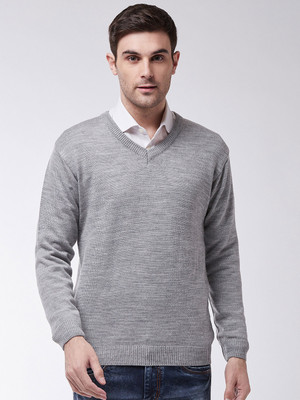 Pivl Self Design V Neck Casual Men Grey Sweater