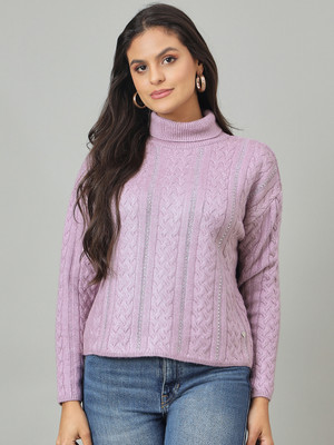 DUKE Self Design High Neck Casual Women Purple Sweater