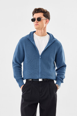 Snitch Self Design High Neck Casual Men Blue Sweater