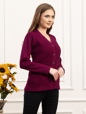 dadu dayal Self Design V Neck Party Women Purple Sweater