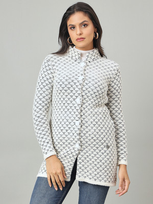 DUKE Self Design Mandarin Neck Casual Women White Sweater