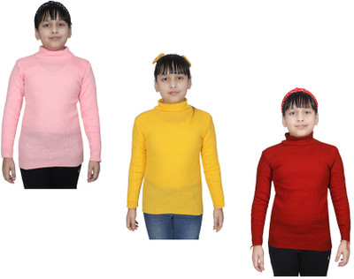 IndiWeaves Solid High Neck Casual Girls Multicolor Sweater
