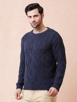 NOQUO Self Design Round Neck Casual Men Dark Blue Sweater