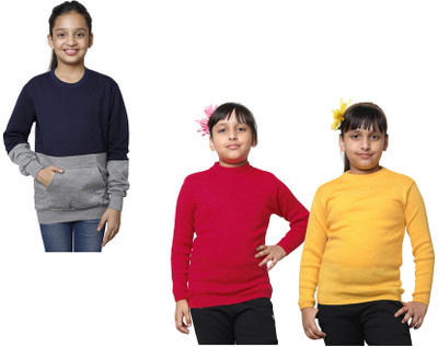 KAVYA Solid Round Neck Casual Girls Multicolor Sweater
