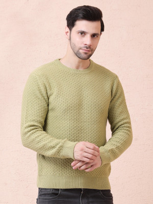 NOQUO Self Design Round Neck Casual Men Beige Sweater