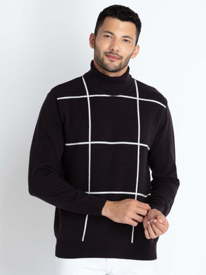 Status Quo Checkered Turtle Neck Casual Men Black Sweater