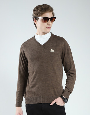 MONTE CARLO Solid V Neck Casual Men Brown Sweater