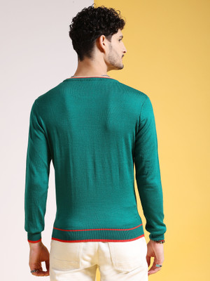 The Indian Garage Co. Self Design Crew Neck Casual Men Green Sweater