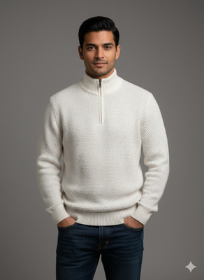 WoolCraft Woven Collared Neck Casual Men White Sweater