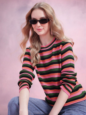 Dressberry Self Design Round Neck Casual Women Multicolor Sweater