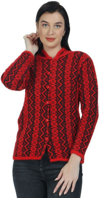 HITTIKA Chevron/Zig Zag V Neck Casual Women Red Sweater