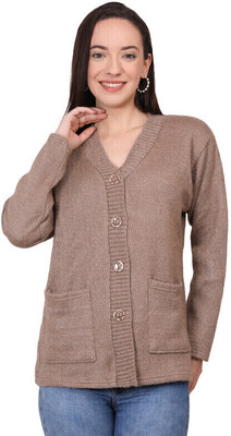 manra Solid V Neck Casual Women Beige Sweater