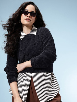 Glitchez Solid Round Neck Casual Women Black Sweater