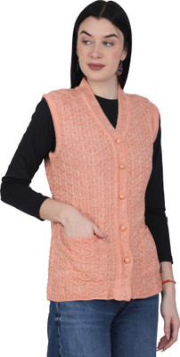 HITTIKA Self Design V Neck Casual Women Orange, Black Sweater