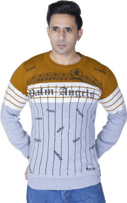 Harjot Printed Round Neck Casual Men Yellow Sweater