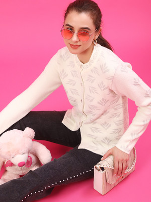 V-MART Embroidered Round Neck Casual Women Beige Sweater