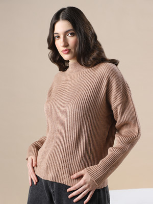 Globus Self Design High Neck Casual Women Beige Sweater