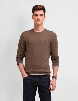 Arrow Sport Solid Crew Neck Casual Men Brown Sweater
