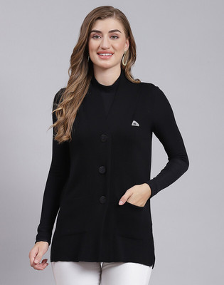MONTE CARLO Solid V Neck Casual Women Black Sweater