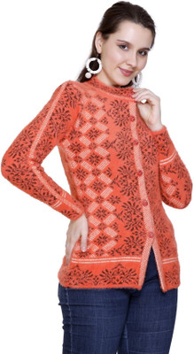 HITTIKA Self Design V Neck Casual Women Orange Sweater