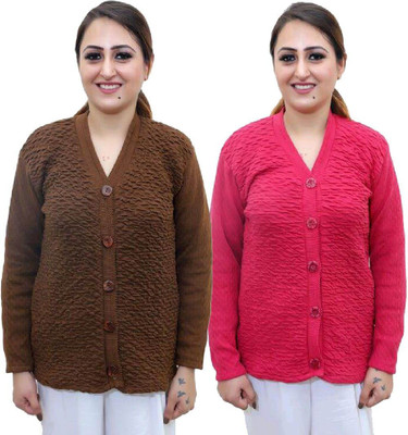 Shunit creation Self Design V Neck Lounge Wear Women Brown, Pink Sweater