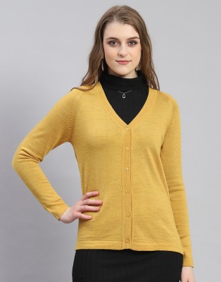 MONTE CARLO Self Design V Neck Casual Women Yellow Sweater