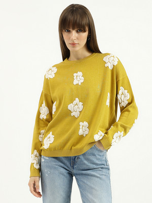 United Colors of Benetton Floral Print Round Neck Casual Women Green Sweater