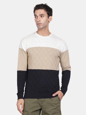 t-base Colorblock Crew Neck Casual Men White Sweater