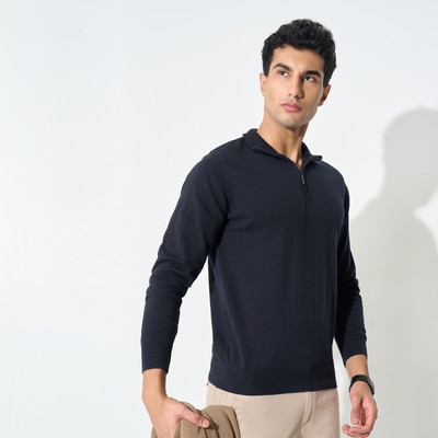 Peregrine by Pantaloons Solid High Neck Casual Men Blue Sweater