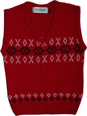 Modstyle Self Design V Neck Casual Baby Boys Red Sweater